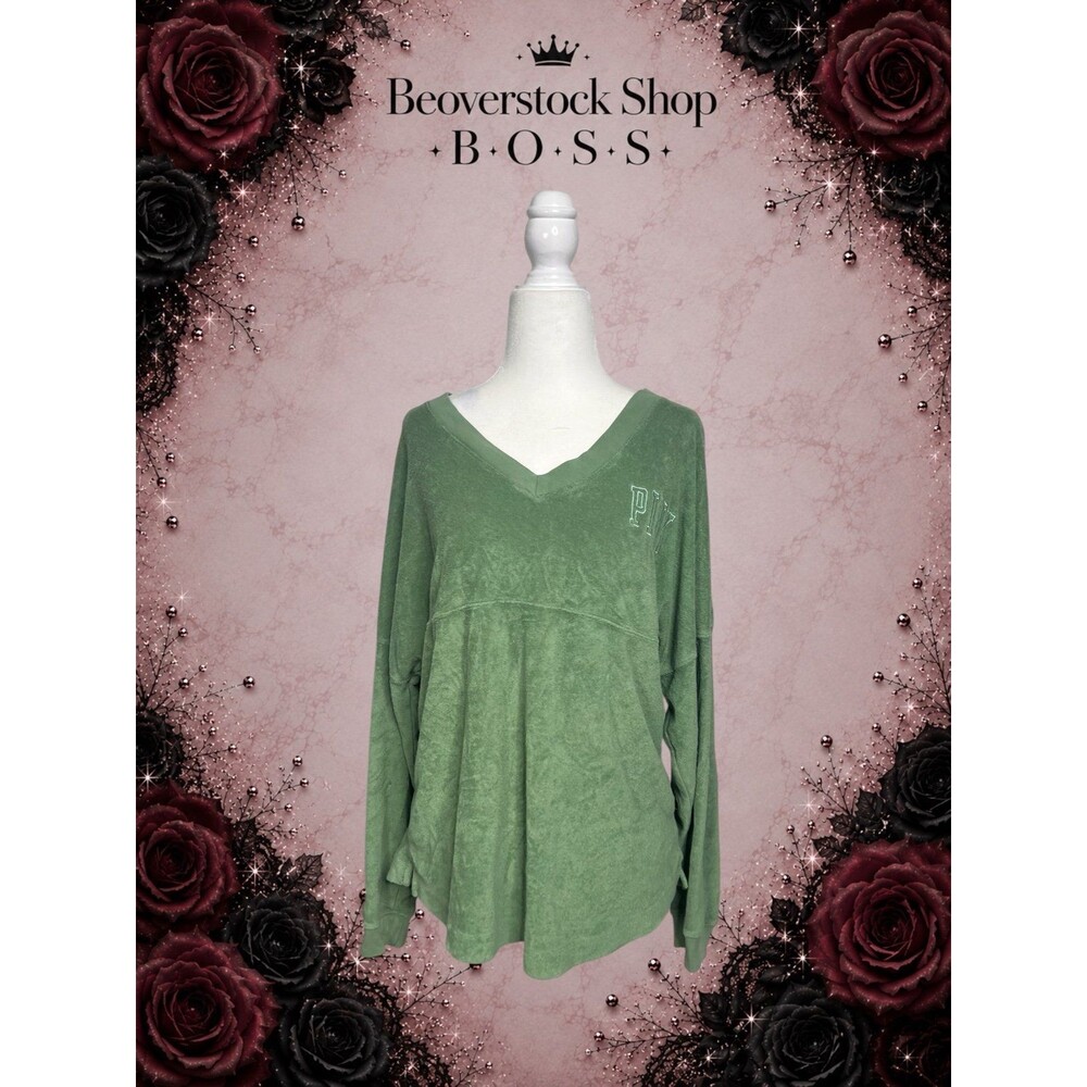 Preowned Victoria’s Secret PINK Green Terry V-Neck Oversized Long Sleeve Top – S